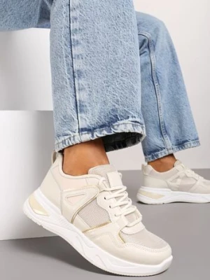 Beżowe Sneakersy na Ozdobnej Podeszwie ze Sznurowaniem Clarie