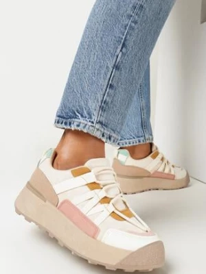 Beżowe Sneakersy na Płaskiej Grubej Podeszwie z Imitacji Zamszu Ozdobione Wstawkami z Ekoskóry Mariatta