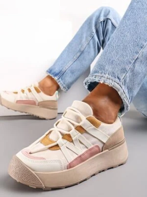 Zdjęcie produktu Beżowe Sneakersy na Płaskiej Grubej Podeszwie z Imitacji Zamszu Ozdobione Wstawkami z Ekoskóry Mariatta