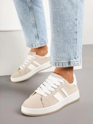 Beżowe Sneakersy na Płaskiej Podeszwie Ozdobione Paskami Ravesi