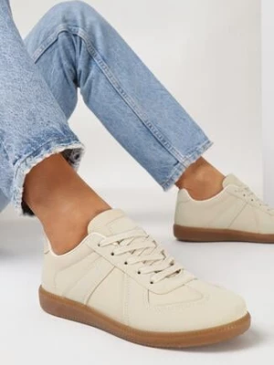 Beżowe Sneakersy na Płaskiej Podeszwie z Ekoskóry ze Sznurowaniem Venioza