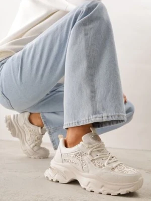 Beżowe Sneakersy na Platformie Ozdobione Cyrkoniami i Koronką Antea sport