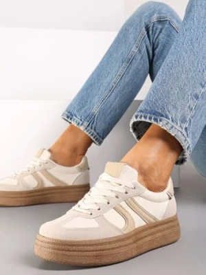 Beżowe Sneakersy na Platformie Ozdobione Geometrycznym Motywem Nevmira