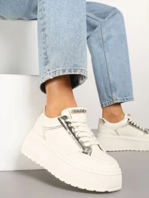 Beżowe Sneakersy na Platformie Ozdobione Przeszyciami Tatoretia