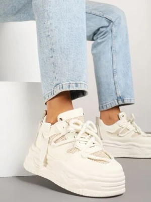 Beżowe Sneakersy na Platformie Ozdobione Wiązaniem Puvira ideal