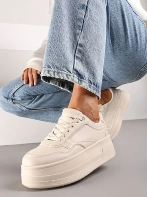 Beżowe Sneakersy na Platformie Ozdobionej Tłoczeniem Vaiviera