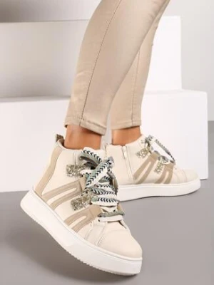 Zdjęcie produktu Beżowe Sneakersy na Platformie w Streetwearowym Stylu z Kontrastowymi Wstawkami Kaithana