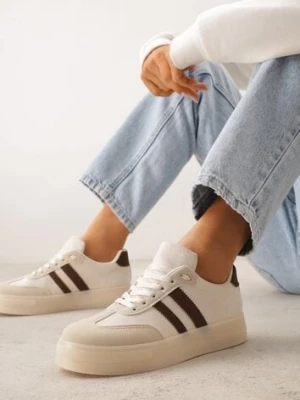 Beżowe Sneakersy na Platformie w Stylu Tenisówek Ozdobione Paskami Ladia