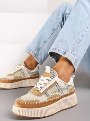 Beżowe Sneakersy na Platformie Wykończone Przeszyciami Terionna