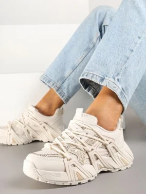 Beżowe Sneakersy na Platformie z Cyrkoniami i Geometrycznym Wzorem Lavivione