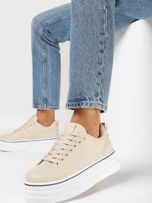 Beżowe Sneakersy na Platformie z Ekoskóry ze Sznurowaniem Hionusa