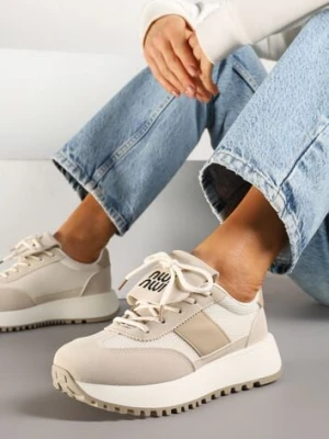 Beżowe Sneakersy na Platformie z Geometrycznym Wzorem Aluina