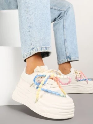 Beżowe Sneakersy na Platformie z Koralikami Amovanna ideal