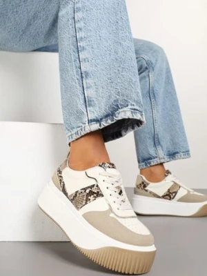 Beżowe Sneakersy na Platformie z Metalicznym Zdobieniem Fonarien