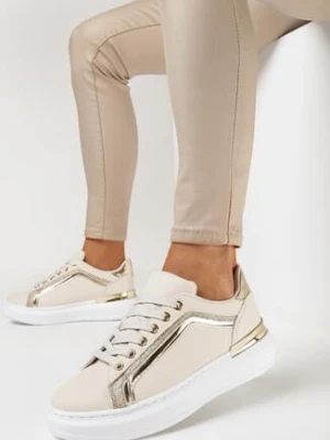 Beżowe Sneakersy na Platformie z Metalicznymi Wstawkami Tilene