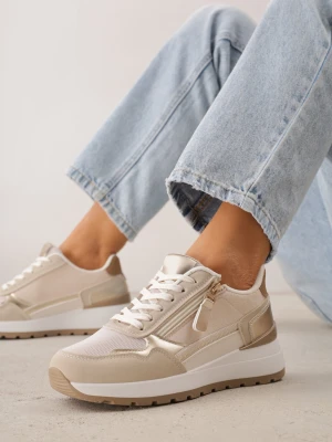 Beżowe Sneakersy na Platformie z Metalicznymi Zdobieniami i Suwakiem Rasesine