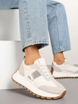 Beżowe Sneakersy na Platformie z Ozdobnymi Cyrkoniami Fenarelle