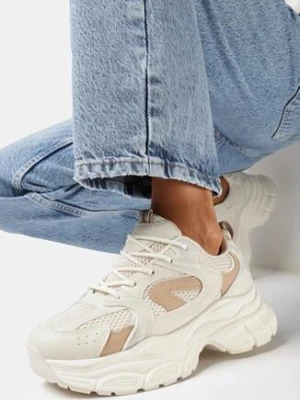 Zdjęcie produktu Beżowe Sneakersy na Platformie z Siateczkową Wstawką Huvia