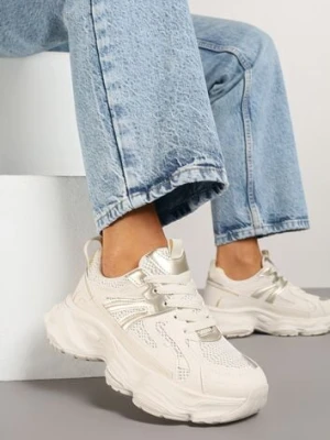 Beżowe Sneakersy na Platformie z Tłoczeniem i Metaliczną Ozdobą Alarella givana