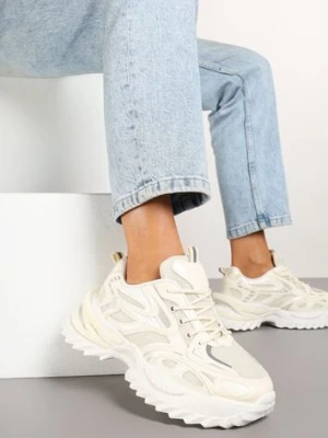 Beżowe Sneakersy na Platformie z Tłoczeniem i Siateczkowymi Wstawkami Galoria