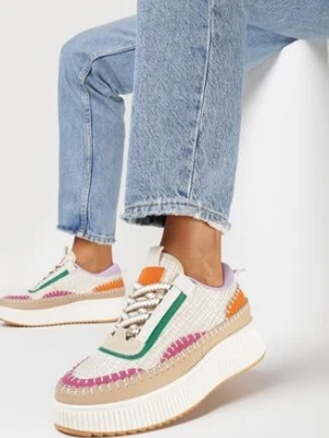 Beżowe Sneakersy na Platformie z Tweedową Wstawką Nanelwi
