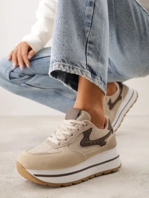 Beżowe Sneakersy na Platformie z Tweedowym Zdobieniem i Perforacją Dioseleia