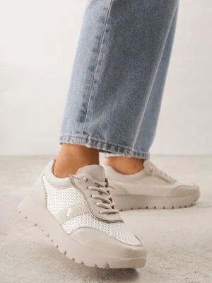 Beżowe Sneakersy na Platformie z Wkładką ze Skóry Naturalnej i Napisam Haidena modern world