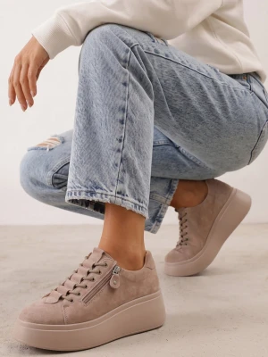 Beżowe Sneakersy na Platformie z Zamszu Naturalnego z Suwakiem z Boku Nisoe Goodin