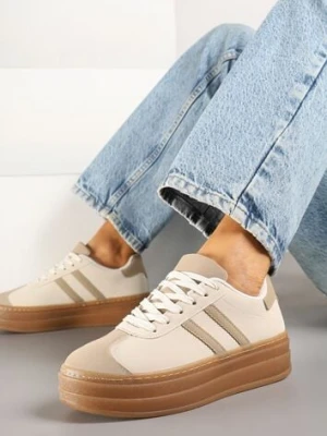 Beżowe Sneakersy na Tłoczonej Platformie Ozdobione Paskami Felainora mulanka