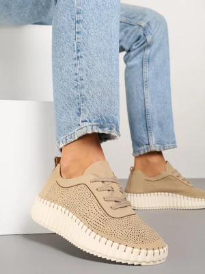 Beżowe Sneakersy na Tłoczonej Platformie z Ażurową Cholewką Ronfira Super Mode