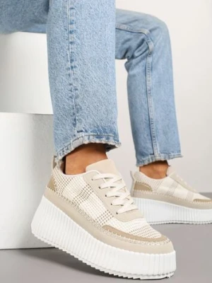 Beżowe Sneakersy na Tłoczonej Platformie z Ozdobnymi Przeszyciami Faloviela