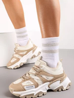 Beżowe Sneakersy na Tłoczonej Podeszwie Zdobione Licznymi Wstawkami Nilrocis