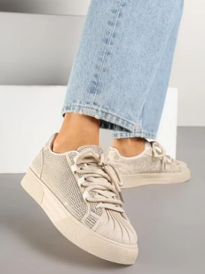 Beżowe Sneakersy Ozdobione Cyrkoniami i Tłoczonym Noskiem Calreis
