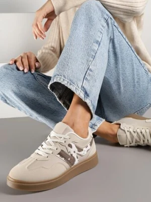 Beżowe Sneakersy Ozdobione Geometrycznym Motywem w Krowie Łaty Benike