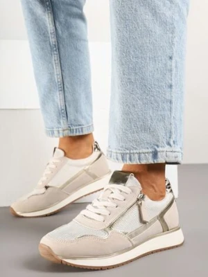 Beżowe Sneakersy Ozdobione Suwakiem i Metalicznymi Wstawkami Alua super mode