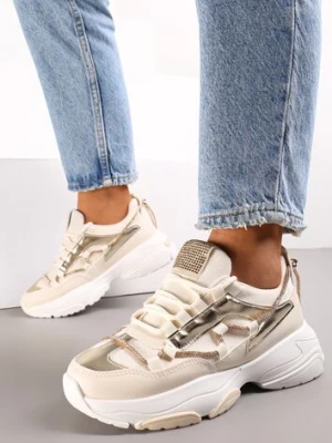 Beżowe Sneakersy Ozdobione Sznureczkiem z Cyrkoniami Nathanias