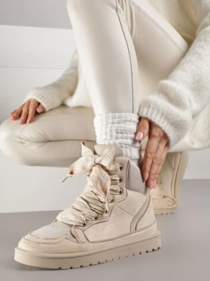 Beżowe Sneakersy Ozdobione Sznurówkami w Geometryczny Wzór Avoslia