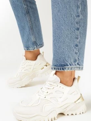 Beżowe Sneakersy przed Kostkę na Grubej Podeszwie z Metaliczną Wstawką Poelstra