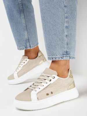 Zdjęcie produktu Beżowe Sneakersy przed Kostkę na Grubej Podeszwie z Metalicznymi Wstawkami Aglimria