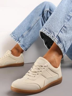 Beżowe Sneakersy przed Kostkę z Ozdobnymi Przeszyciami Erdafa