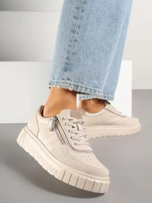 Beżowe Sneakersy Skórzane na Niskiej Platformie z Suwakiem Sorlane