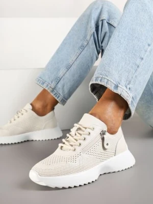 Beżowe Sneakersy Skórzane Ozdobione Suwakiem Ivelami