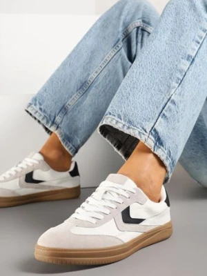 Beżowe Sneakersy Skórzane w Stylu Tenisówek z Geometrycznym Motywem Erisane goodin