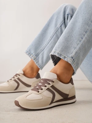 Beżowe Sneakersy Sportowe z Imitacji Zamszu z Geometrycznymi Wstawkami Shanoom Marquiiz