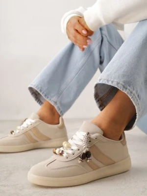Beżowe Sneakersy Typu Tenisówki Ozdobione Koralikami Daemeli