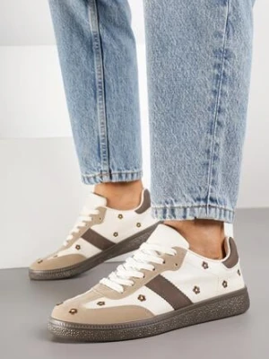 Beżowe Sneakersy Typu Tenisówki z Kwiatkami Reisare
