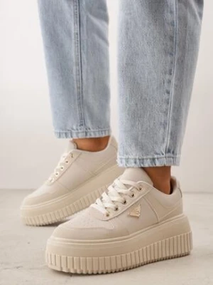Beżowe Sneakersy VICES na Grubej Podeszwie z Tłoczeniami Zdobione Aplikacją Cezara