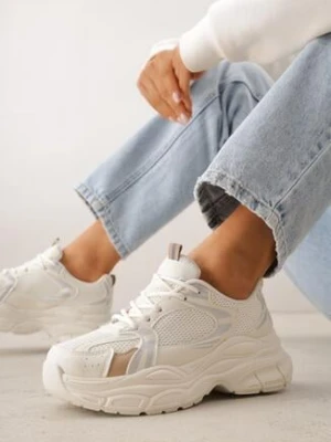 Beżowe Sneakersy VICES na Grubej Tłoczonej Podeszwie z Perforacją Elanatia