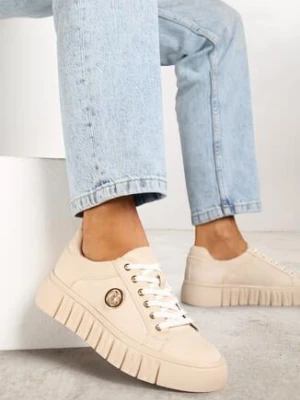 Beżowe Sneakersy Vices na Grubej Tłoczonej Podeszwie ze Sznurowaniem i Metaliczną Ozdobą Ulfedi