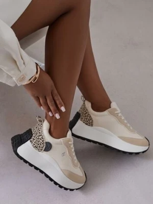 Beżowe Sneakersy Vices na Platformie Ozdobione Naszywką i Panterką Selothiel